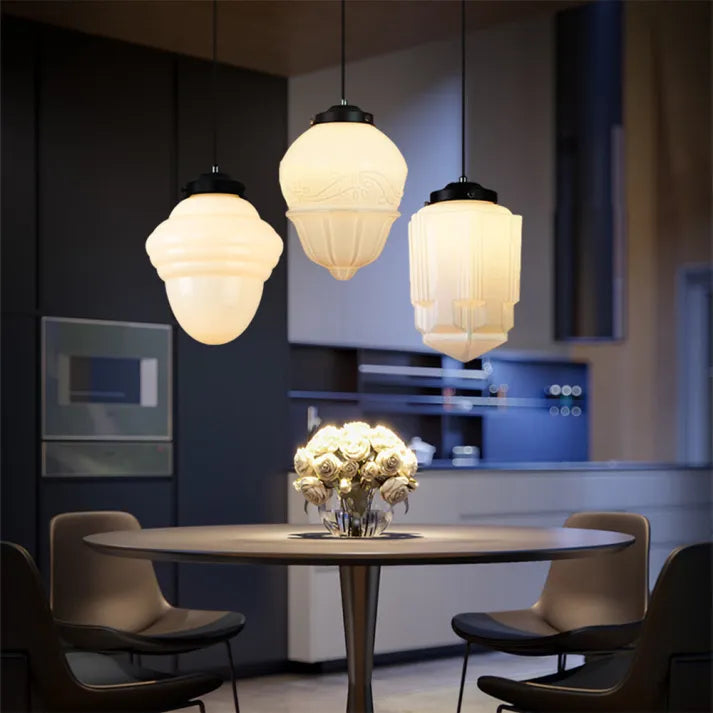 BrillLuma - Vintage Mælkehvidt Glas Geometrisk Krukke Vedhængslampe til Stilfuld Boligindretning